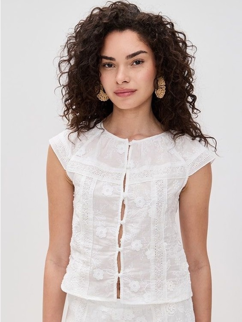 Amanda Uprichard- Women's White Lace Button-Front Cap Sleeve Top